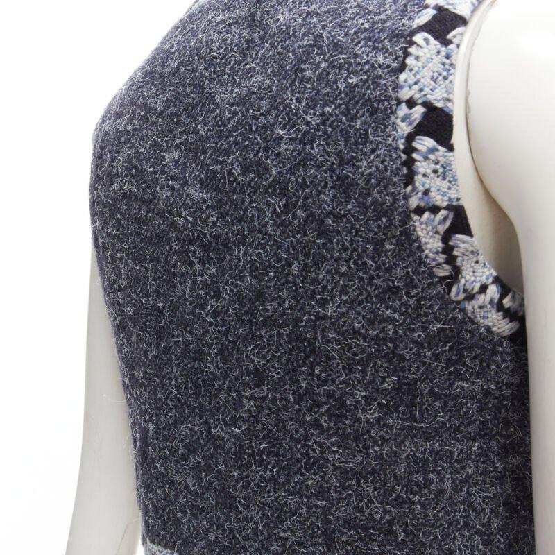 CHANEL wool cashmere blue tweed embroidery trim gripoix button cropped vest FR34 5