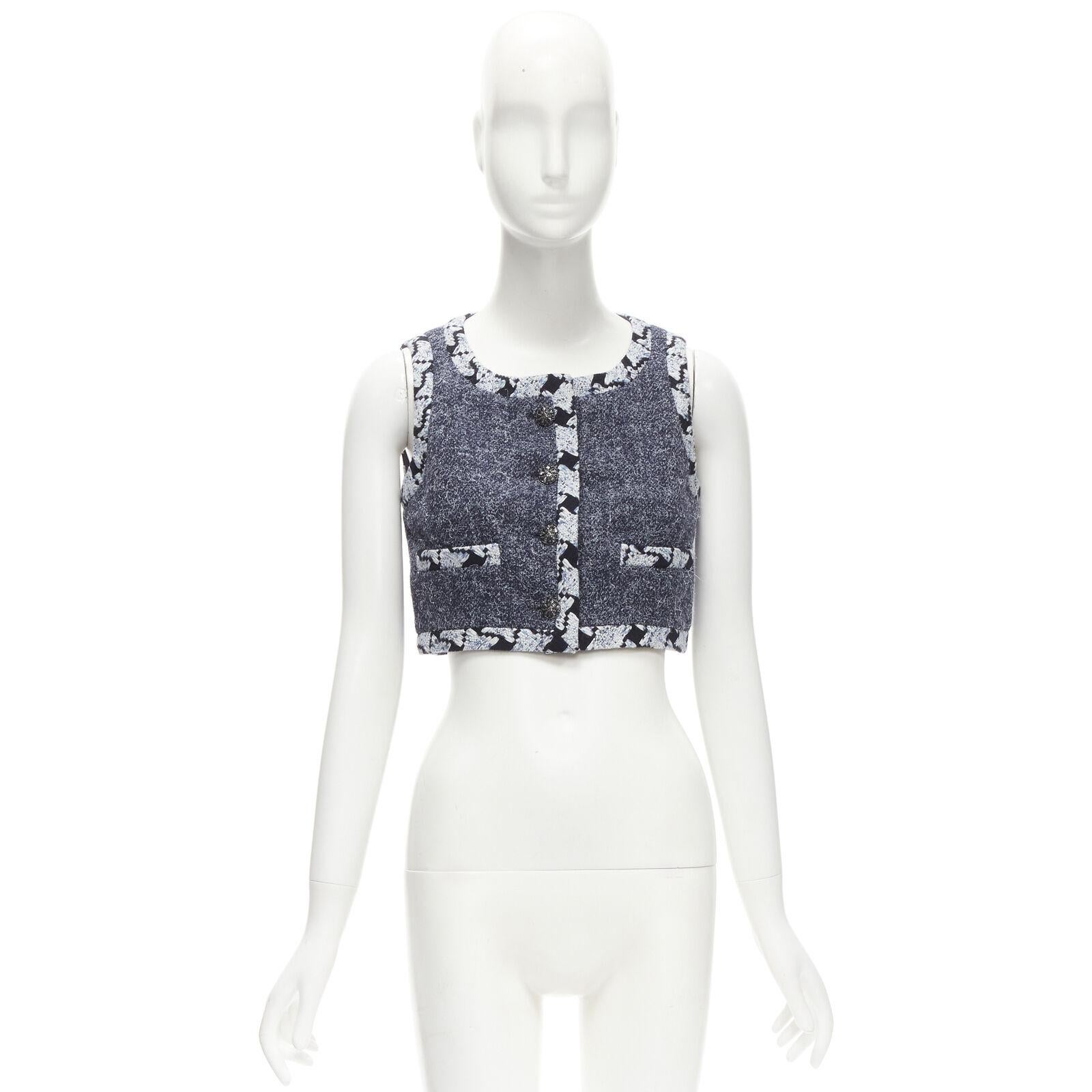 CHANEL wool cashmere blue tweed embroidery trim gripoix button cropped vest FR34 For Sale 7