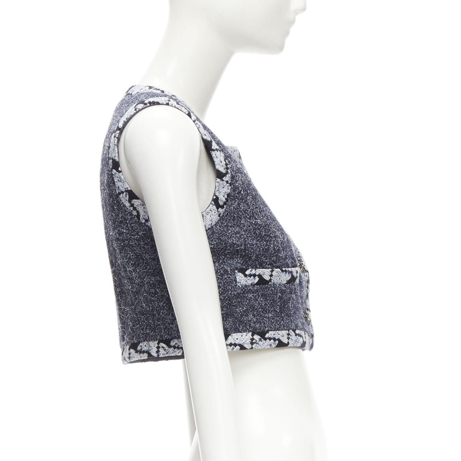 Women's CHANEL wool cashmere blue tweed embroidery trim gripoix button cropped vest FR34 For Sale