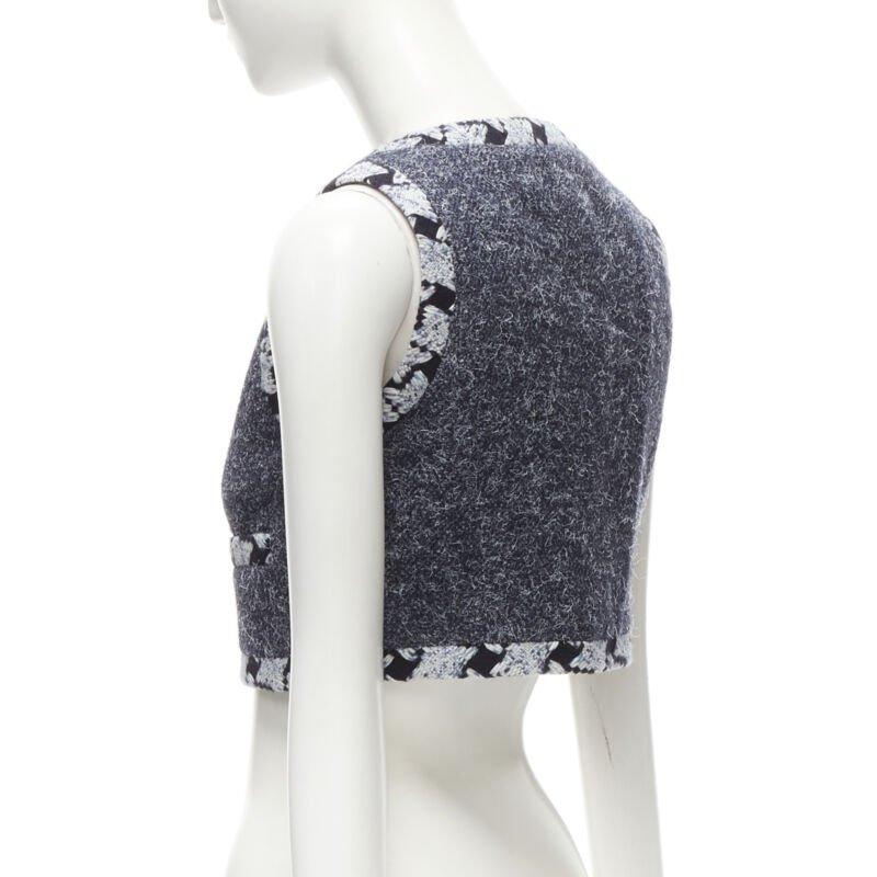 CHANEL wool cashmere blue tweed embroidery trim gripoix button cropped vest FR34 2