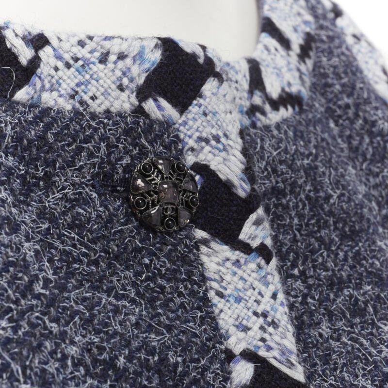 CHANEL wool cashmere blue tweed embroidery trim gripoix button cropped vest FR34 3