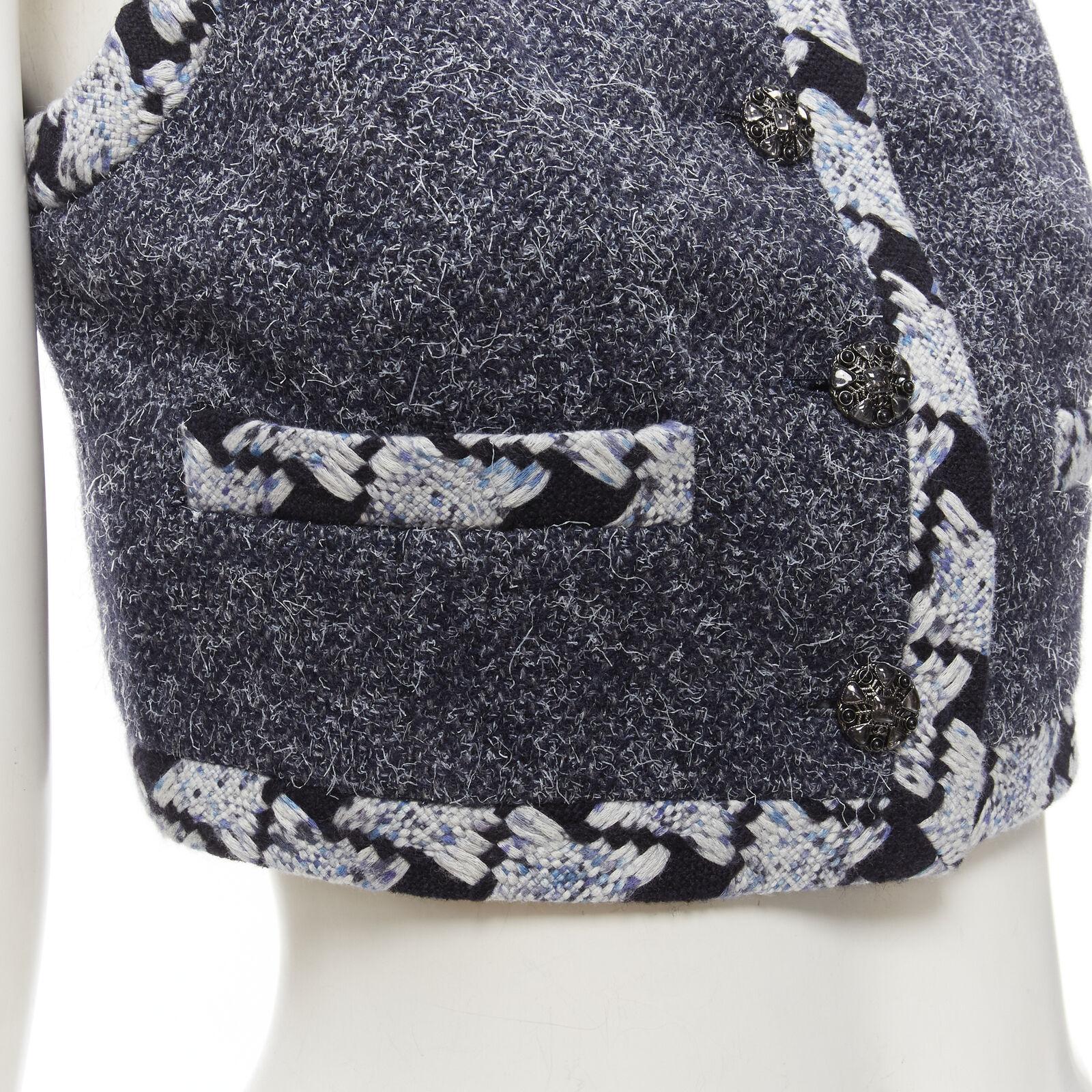CHANEL wool cashmere blue tweed embroidery trim gripoix button cropped vest FR34 For Sale 4