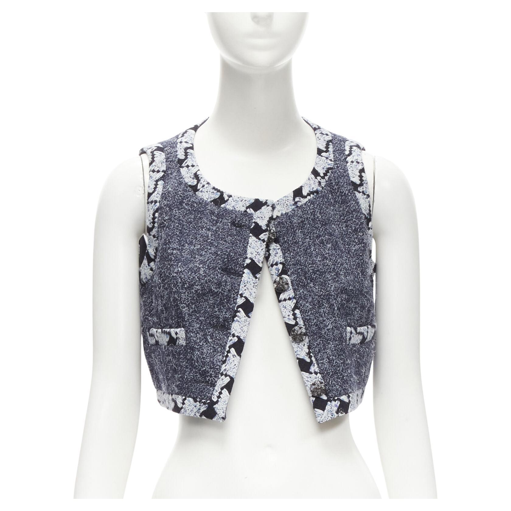 CHANEL wool cashmere blue tweed embroidery trim gripoix button cropped vest FR34 For Sale