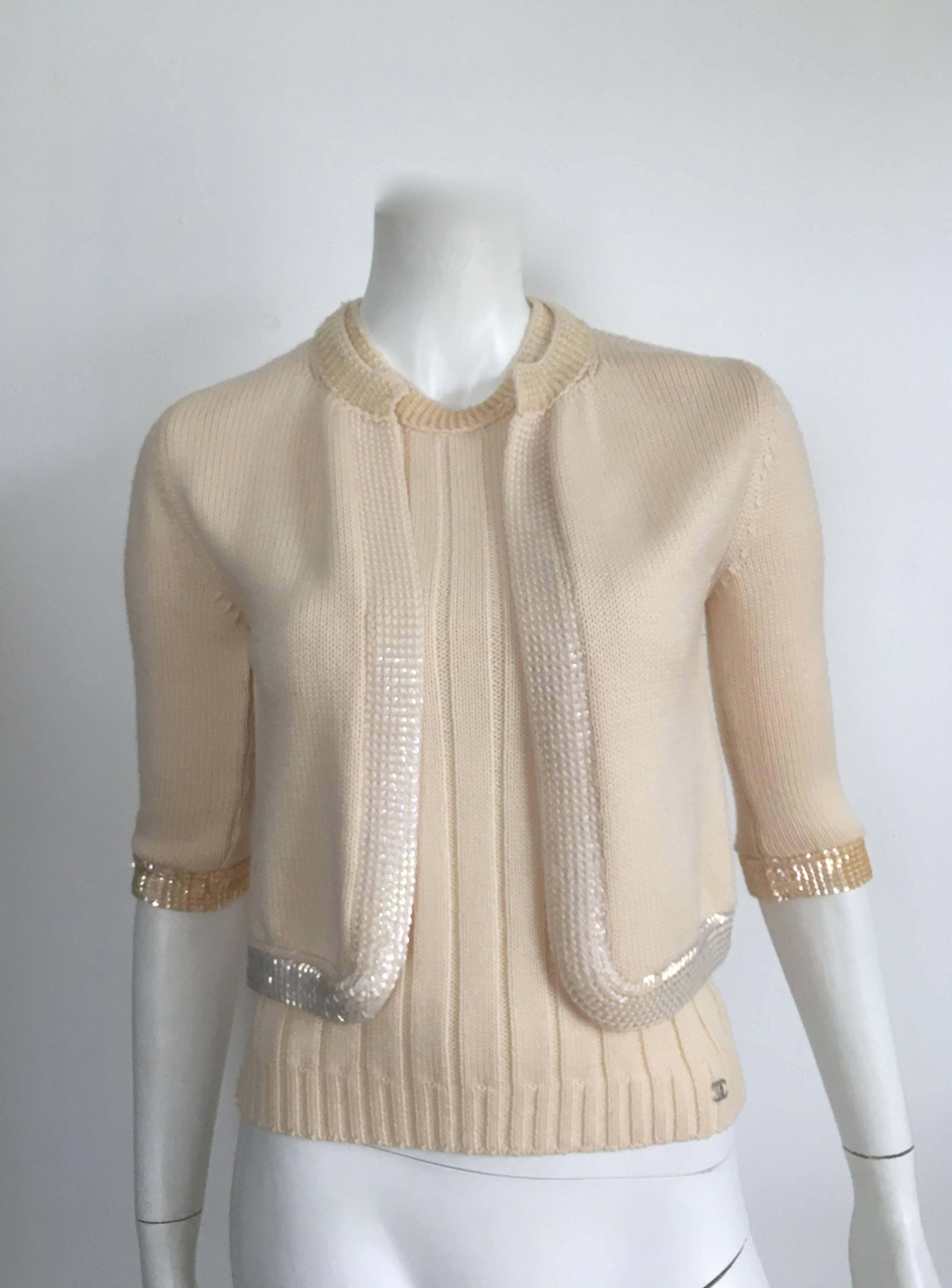 Chanel Wool Cream Knit Sequin Tank & Cardigan Set Size 4 / 38.  4