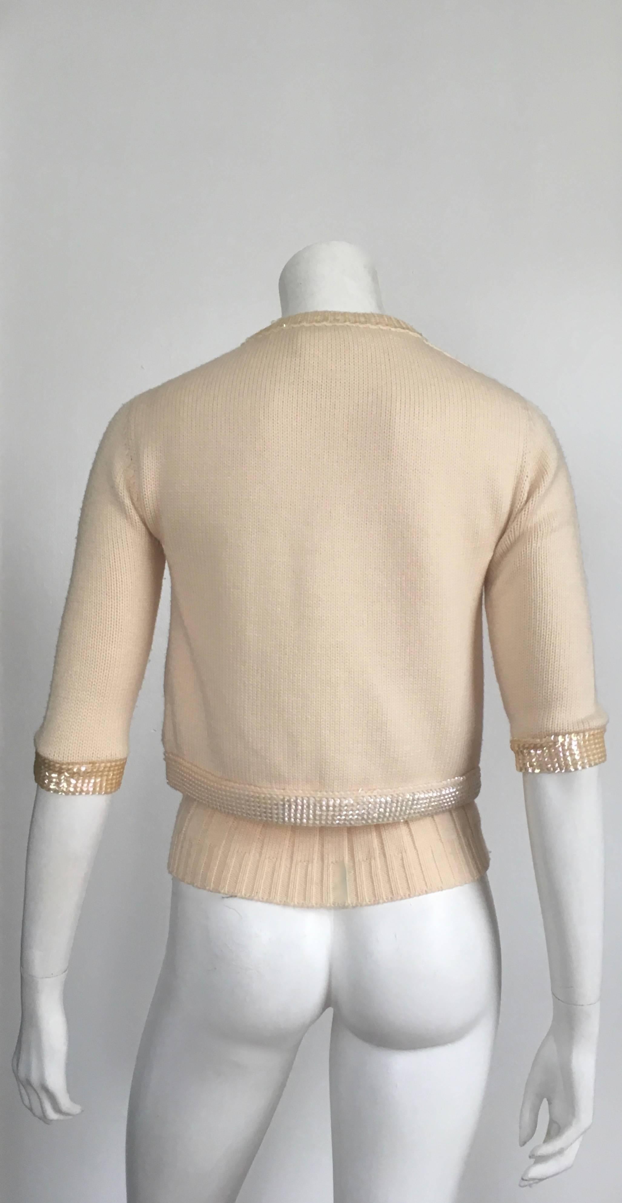 Beige Chanel Wool Cream Knit Sequin Tank & Cardigan Set Size 4 / 38. 