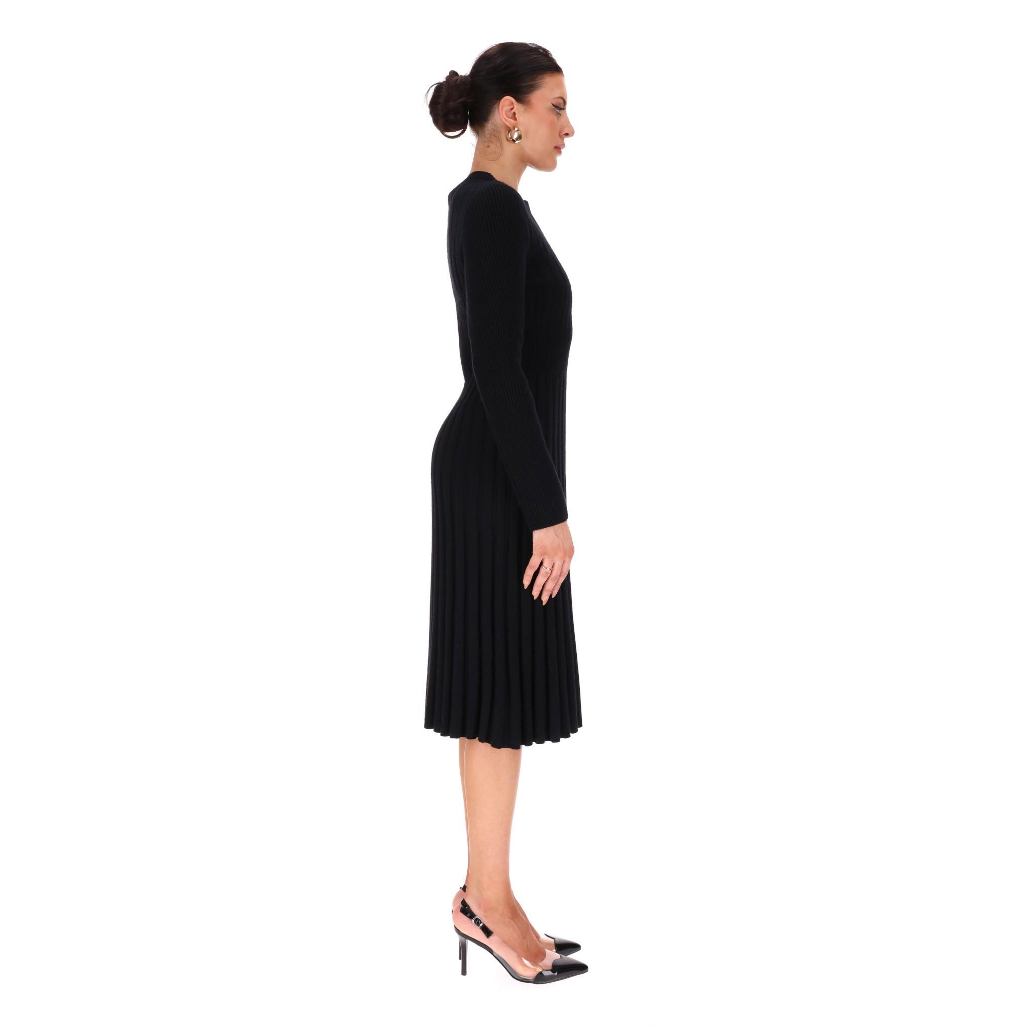 Black Chanel Wool Ribbed Plisse Dress For Sale