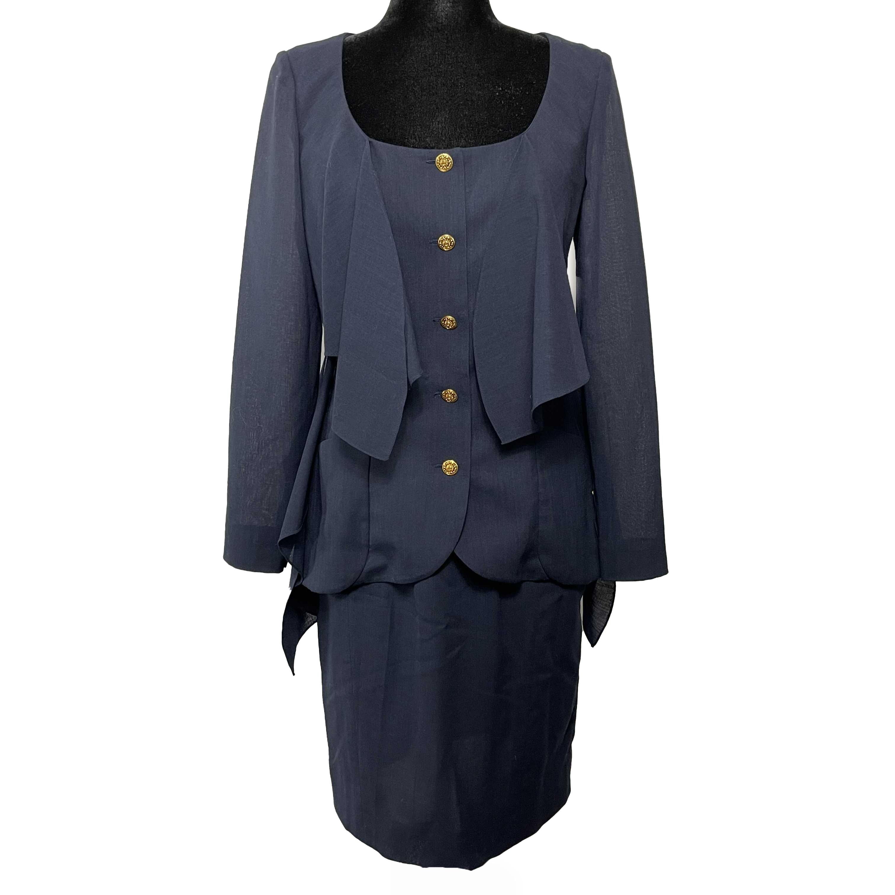 CHANEL Wool Suit Cascade Jacket and Skirt CC Buttons Navy / Gold 36 US 6 For Sale 2