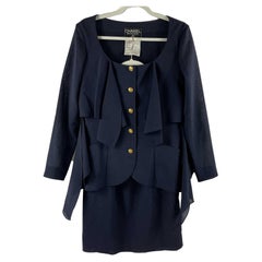 CHANEL Wool Suit Cascade Jacket and Skirt CC Buttons Navy / Gold 36 US 6