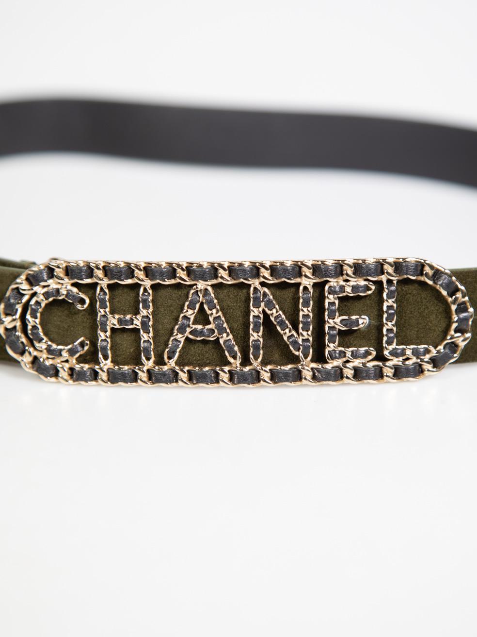 CONDITION is Very good. Minimal wear to the belt is evident, there are light marks on the belt strap and fraying around the first belt hole due to an additional hole being added on this used Chanel designer resale item. This item comes with the