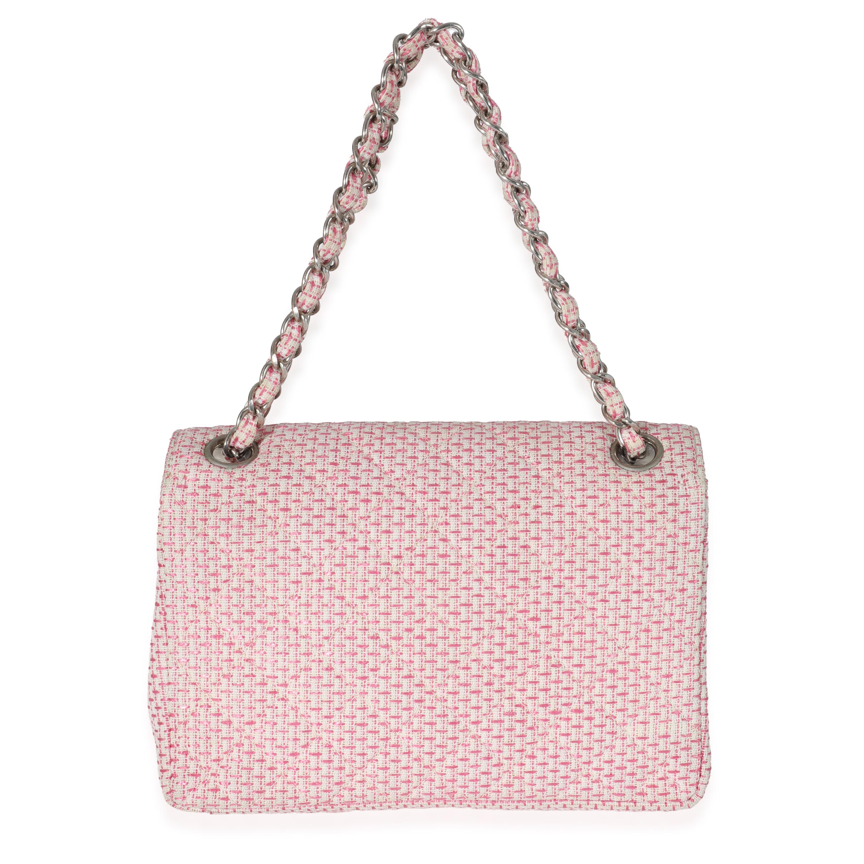 Listing Title: Chanel Woven Raffia Pink White Small CC Shoulder Flap Bag
SKU: 132127
Condition: Pre-owned 
Condition Description: A timeless classic that never goes out of style, the flap bag from Chanel dates back to 1955 and has seen a number of