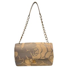 Chanel Woven Straw Camellia Print Medium Single Flap
