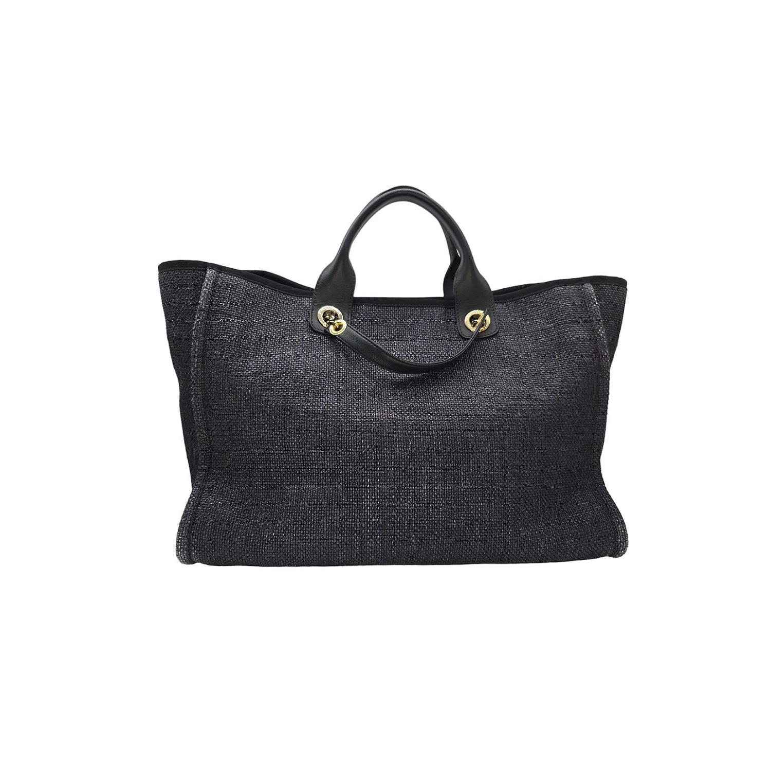 Women's Chanel Woven Straw Raffia Medium Deauville Tote Black