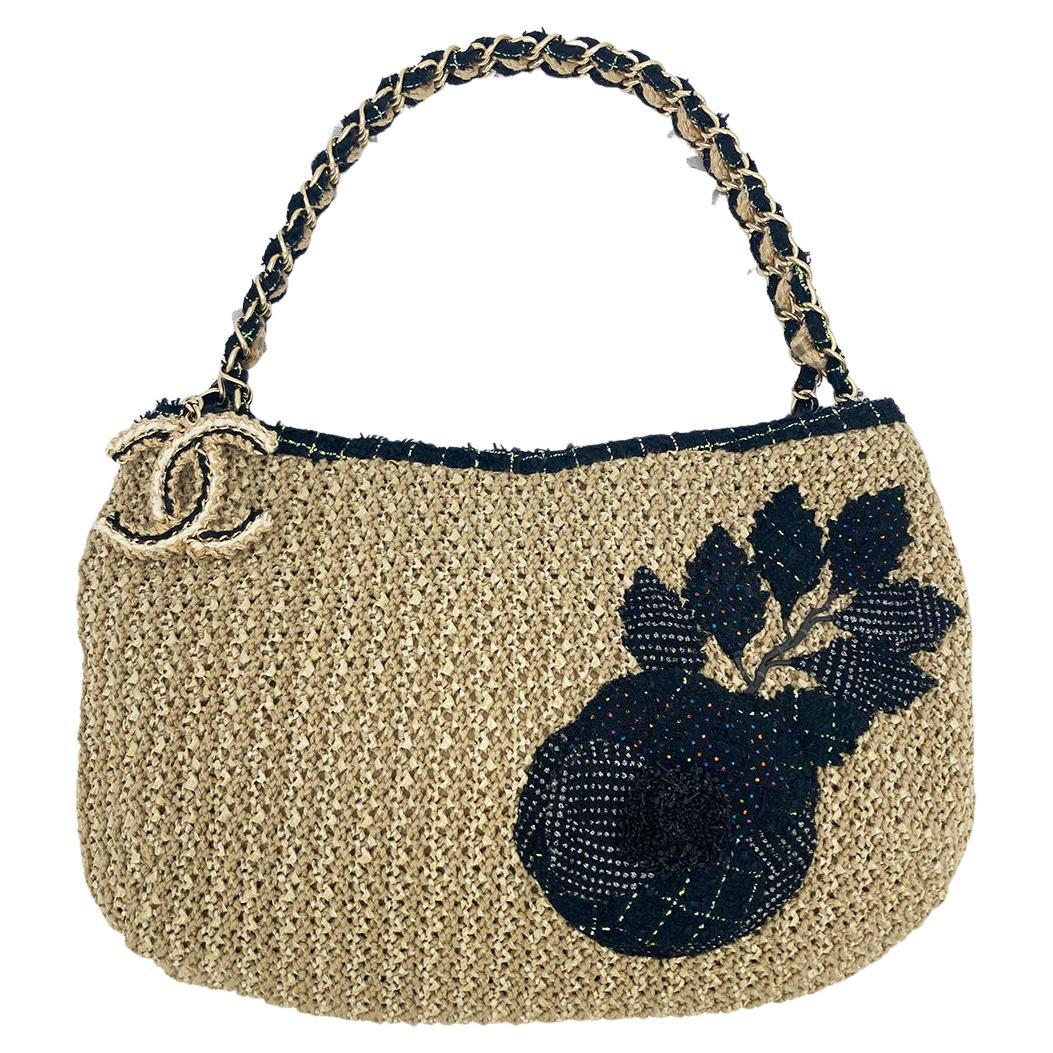 Chanel Woven Tan Rattan Straw Wool Trim Camellia Flower Shoulder Bag For Sale