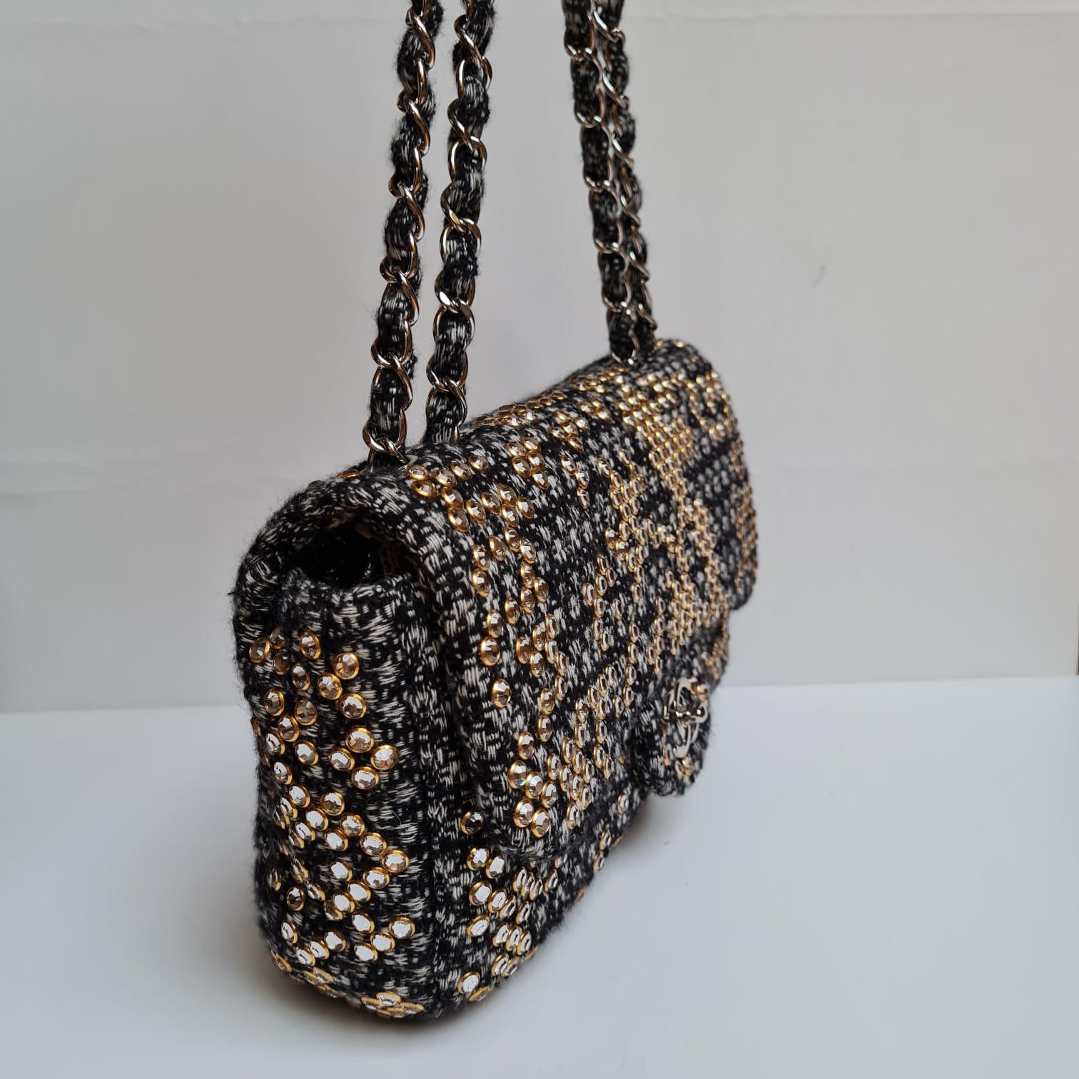 Black Chanel Woven Tweed Swarovski Flap Bag For Sale