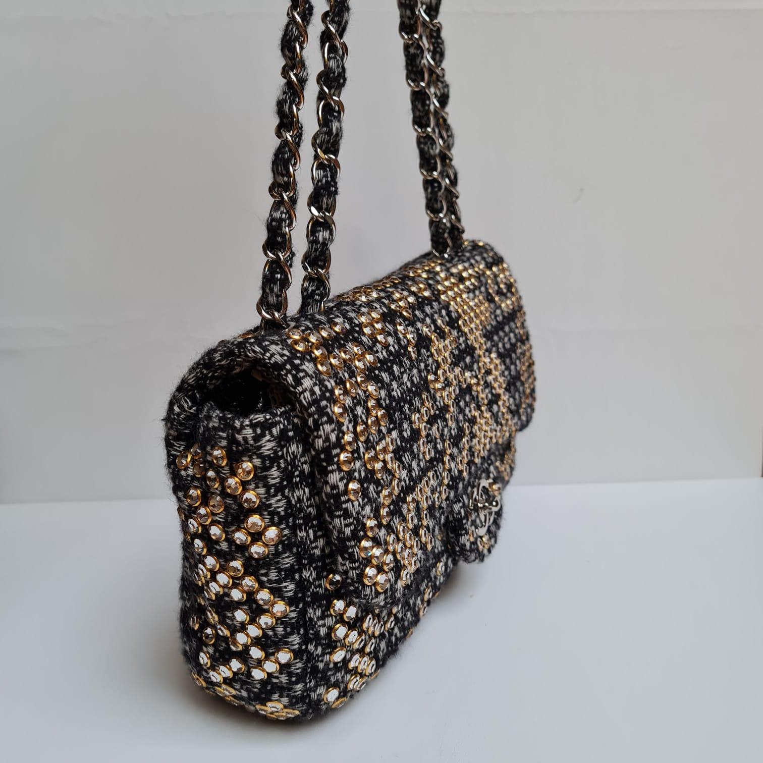 Black Chanel Woven Tweed Swarovski Flap Bag