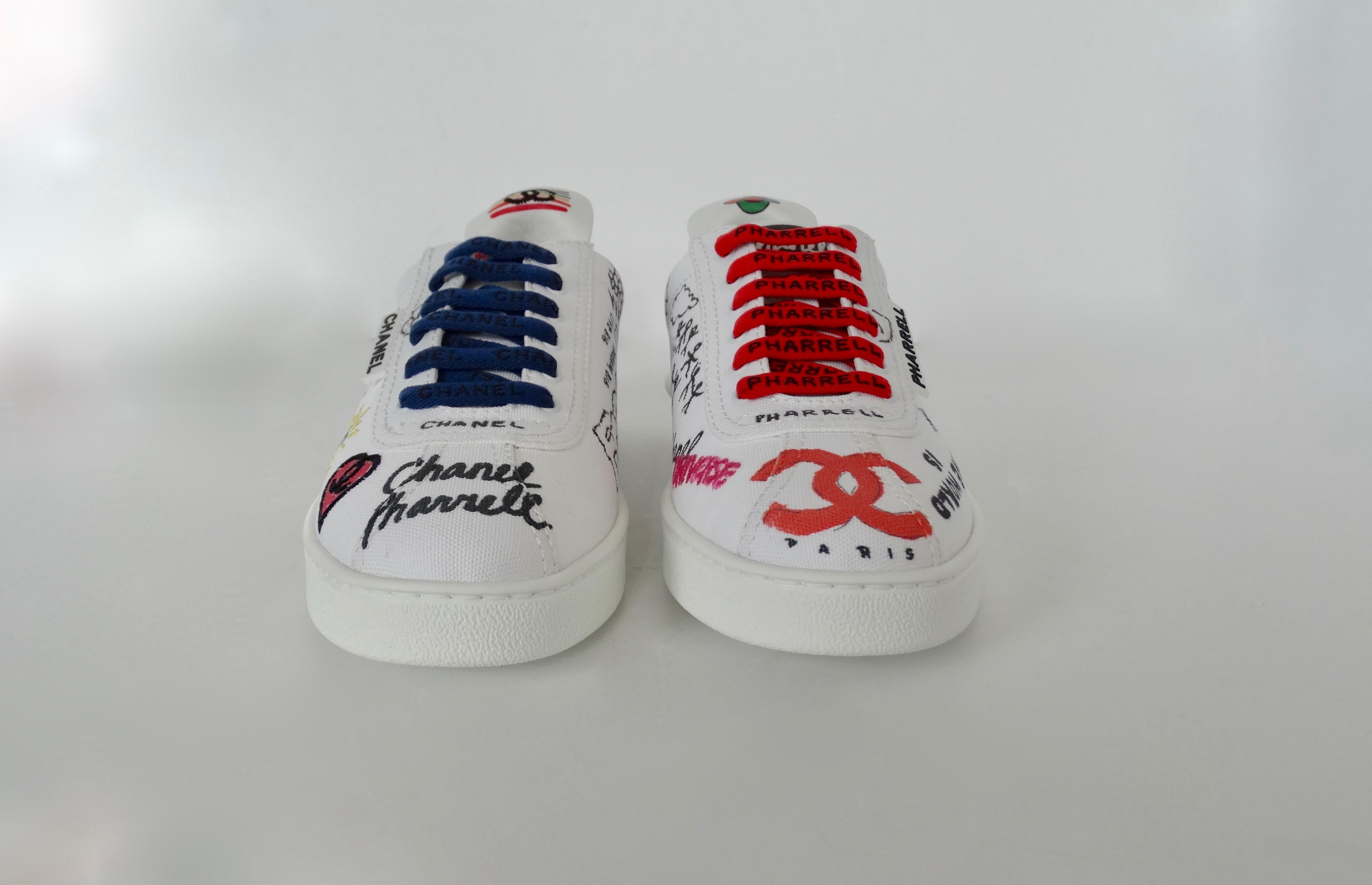 Women's or Men's Chanel X Pharrell 2019 White Graffiti Low Top Lace-Up Sneaker