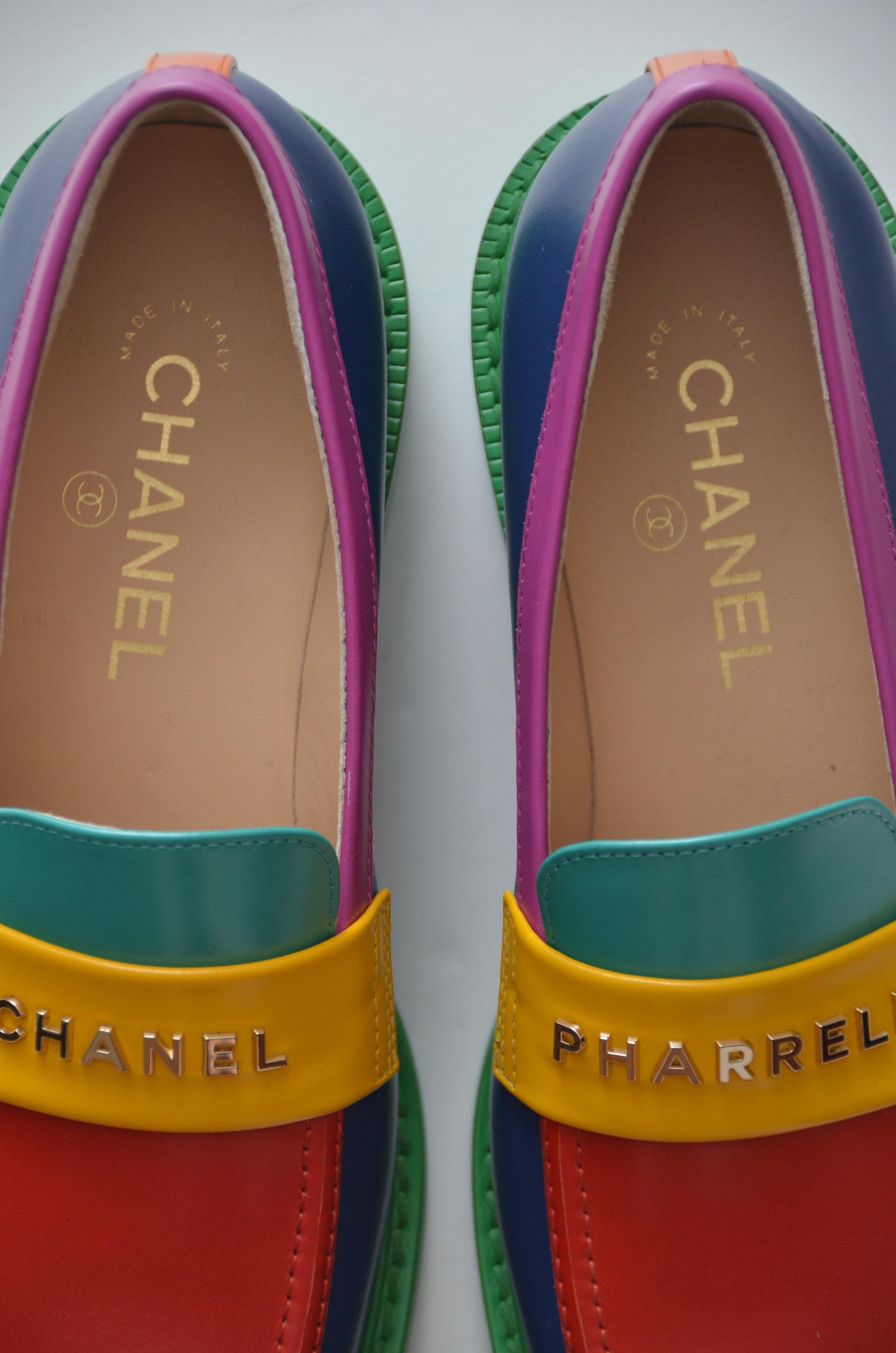 Chanel x Pharrell Capsule Collection Leather multicolor loafers
 
An urban capsule collection highlighting Pharrell Williams’ longterm relationship with the House of Chanel and initiated by Karl Lagerfeld .   
Please note:due to camera flashlight