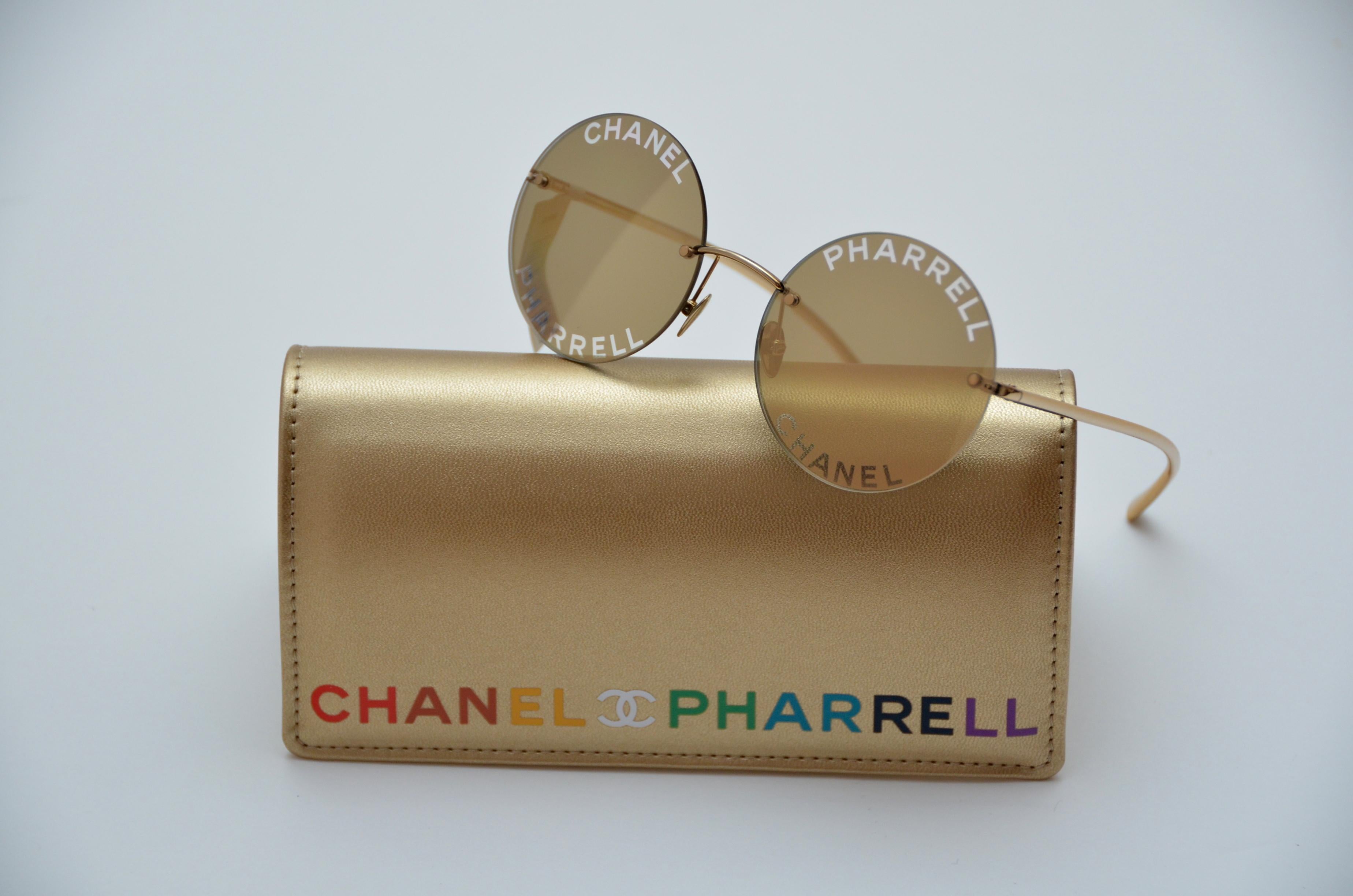 100% guaranteed authentic Chanel x Pharrell Capsule Collection Sunglasses .  
An urban capsule collection highlighting Pharrell Williams’ longterm relationship with the House of Chanel and initiated by Karl Lagerfeld .  
Color : Gold reflective  and