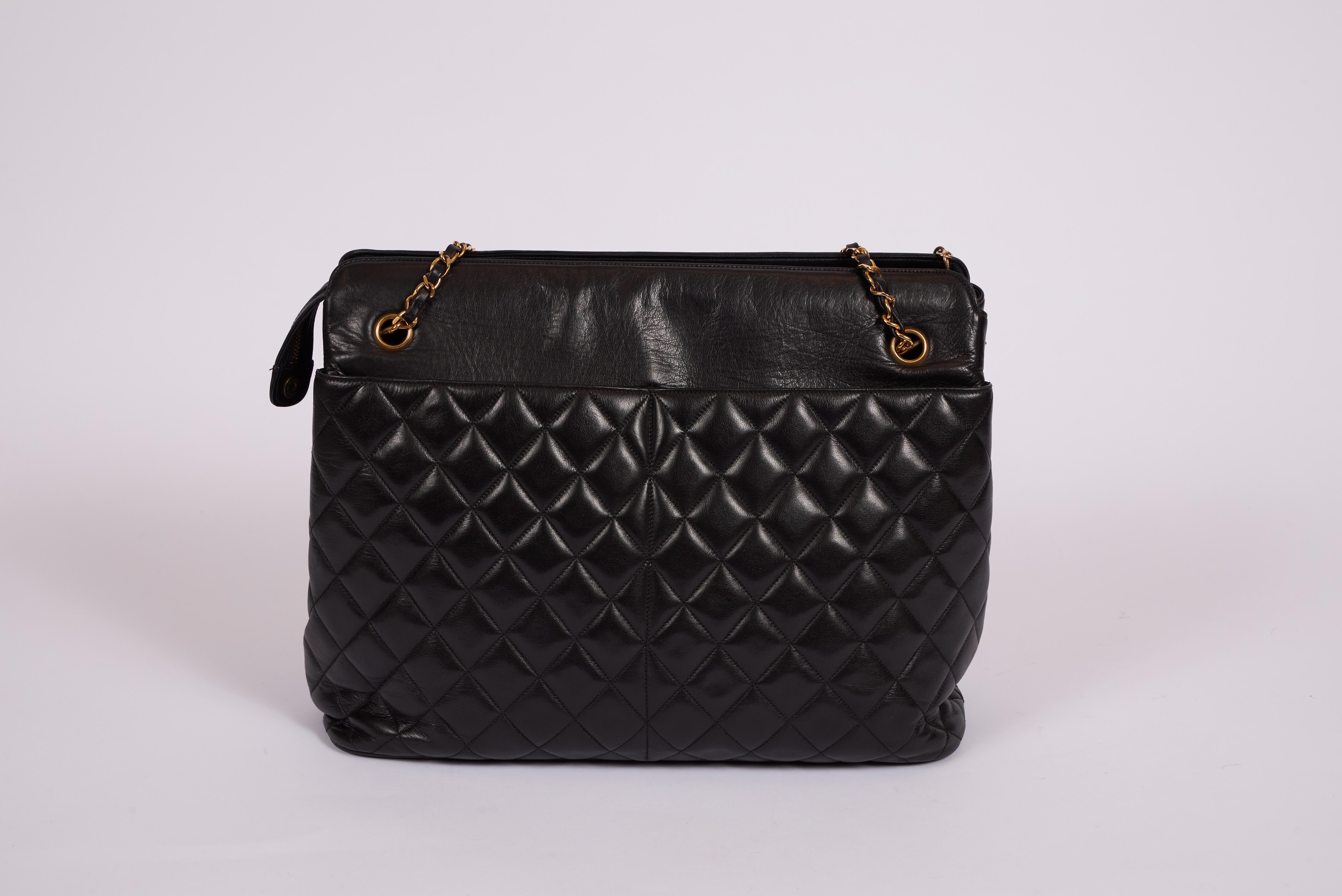 Chanel XL Black Lambskin Shopper Bag In Excellent Condition In West Hollywood, CA