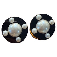 Chanel XL black resin with pearl detail 80s vintage clip on earrings