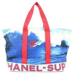 Sac fourre-tout Chanel XL bleu x rouge avec logo CC Wave Surf Beach 119cas9
