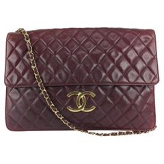 Chanel XL Burgundy Quilted Lambskin Singfle Flap Shoulder Bag 118c34