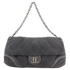 Chanel XL Charcoal Quilted Shearling Silver Chain Flap 118c25