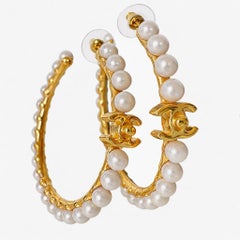 Chanel XL Gold and White Pearl CC Turnlock Hoop Earrings Chanel XL Gold and White Pearl CC Turnlock Hoop Earrings