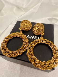 Chanel XL Gold Statement Clip On Hoop Dangle Earrings