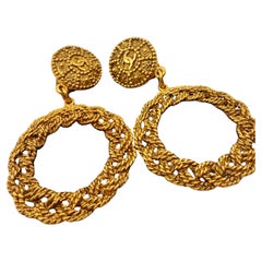 Antique Chanel XL Gold Statement Clip On Hoop Dangle Earrings