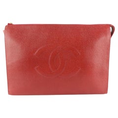 Chanel XL Jumbo Red Caviar CC Logo Leather Timeless Portfolio Clutch 70cc817s