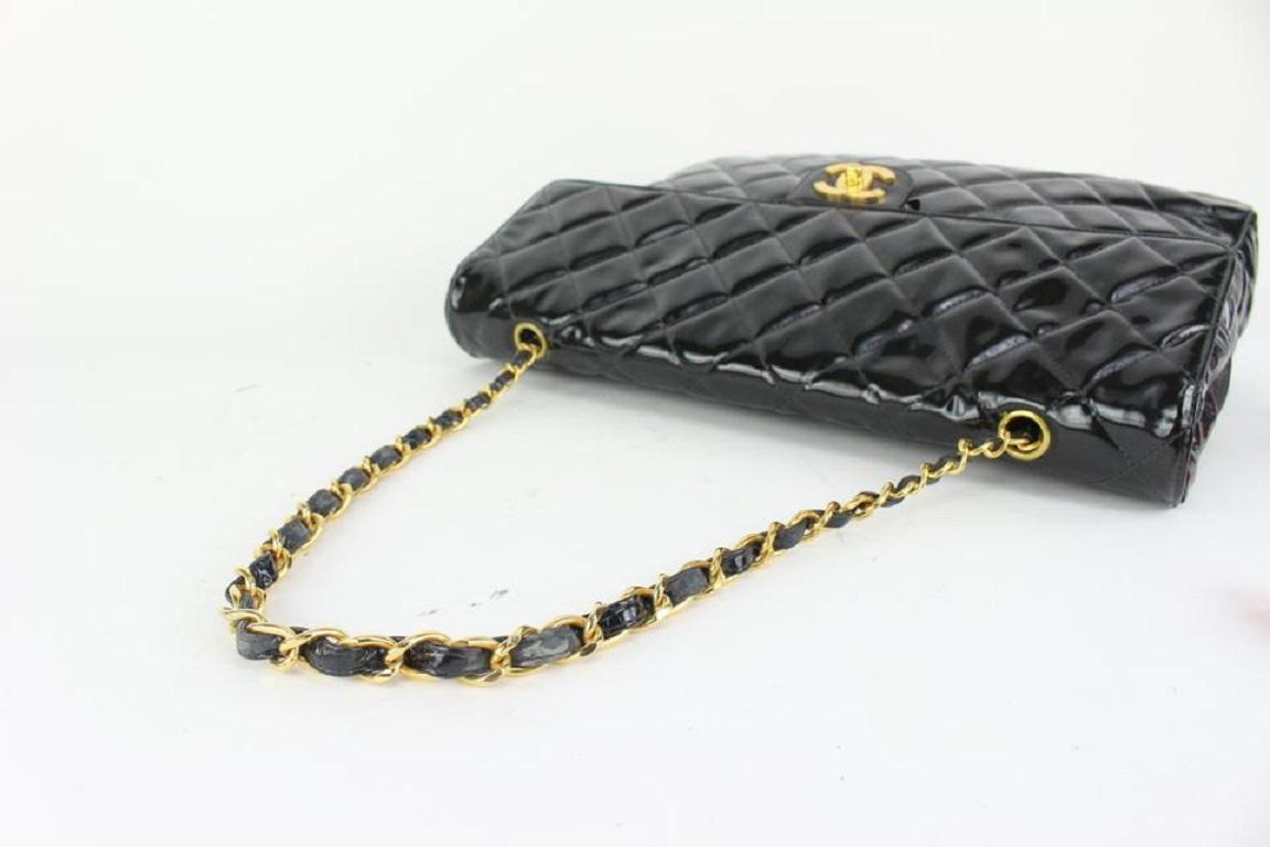 Chanel XL Maxi Black Quilted Patent Single Flap Chain Bag 92ca66 For Sale 3
