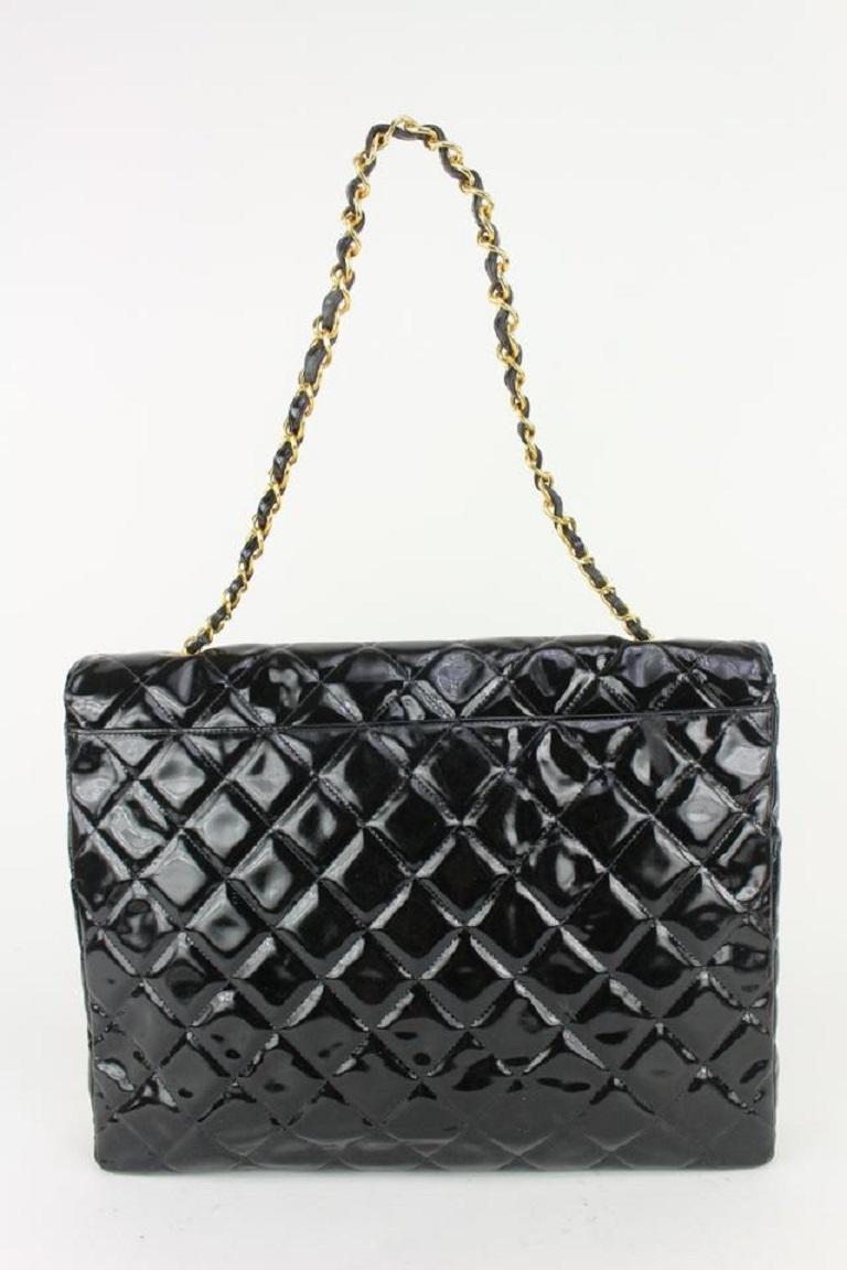 Chanel XL Maxi Black Quilted Patent Single Flap Chain Bag 92ca66 For Sale 5