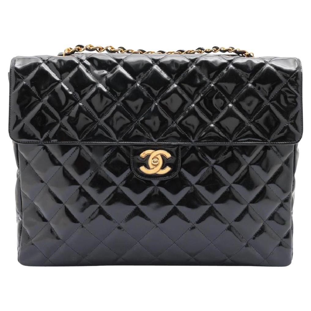 Chanel XL Maxi Black Quilted Patent Single Flap Chain Bag 92ca66 For Sale