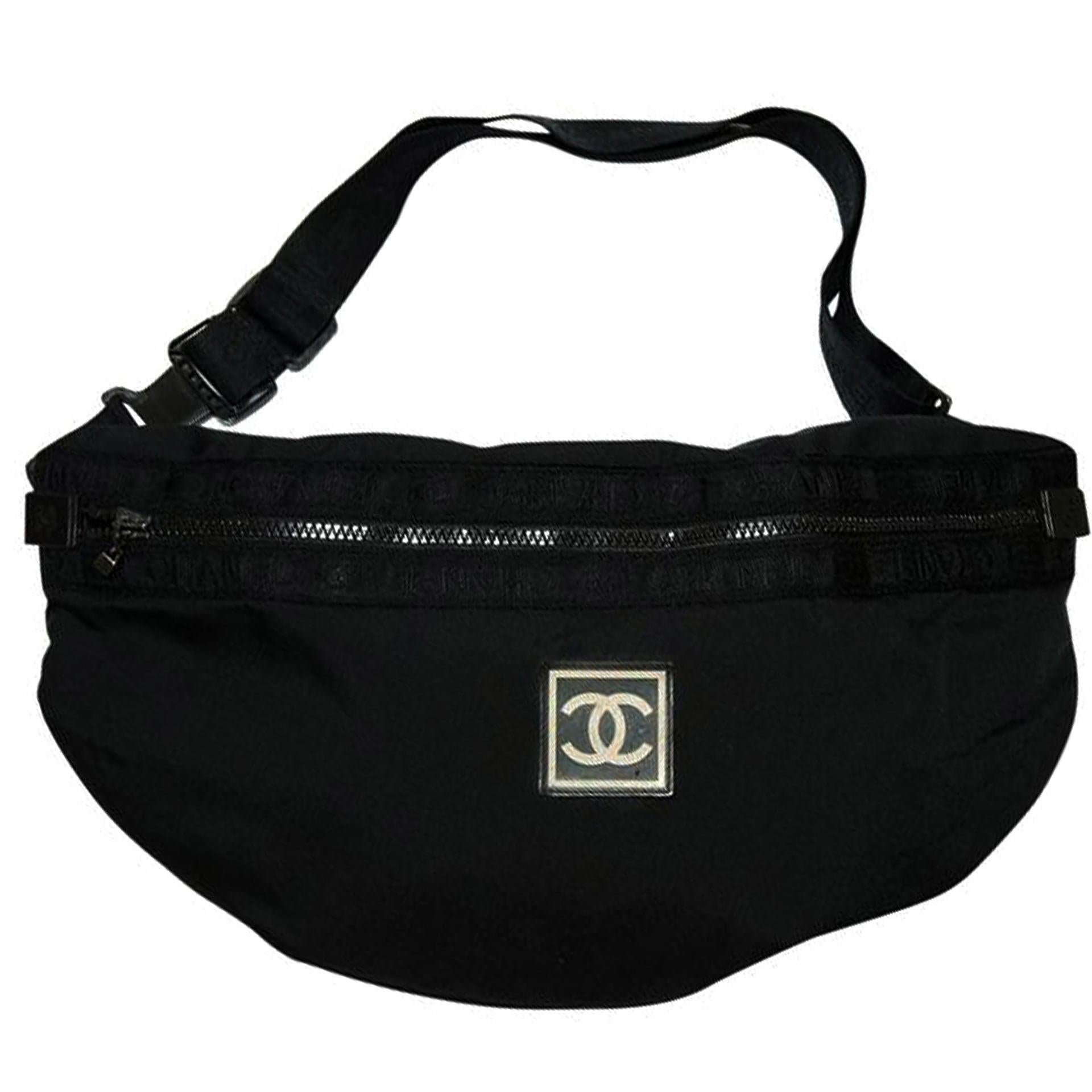 Chanel XL Oversized Fanny Pack Sling Gym Sport Schwarz Nylon Cross Body Bag