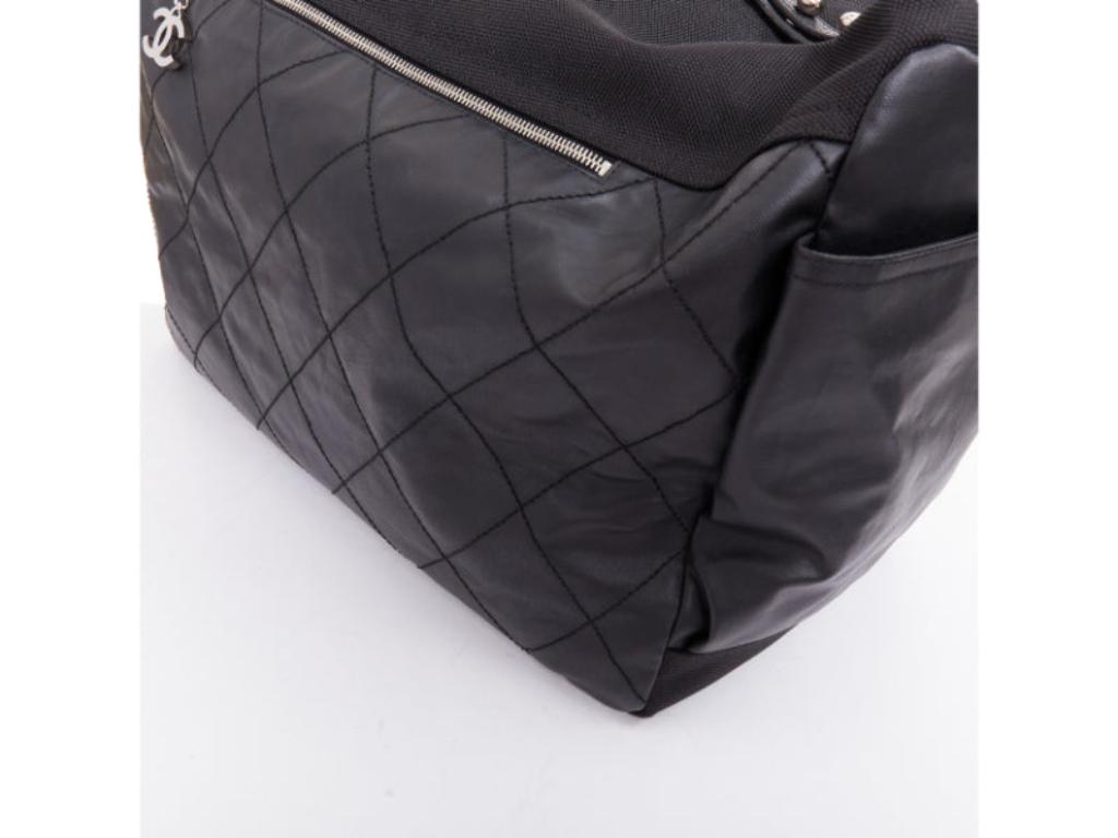 CHANEL XL Paris-Biarritz black coated canvas silver CC crossbody travel hobo bag en vente 3