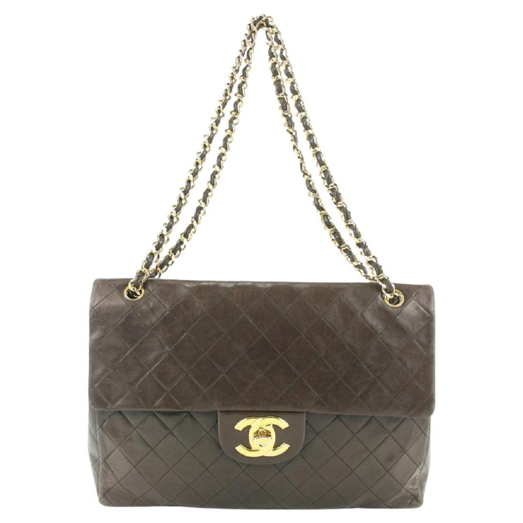 Chanel XL Quilted Dark Brown Maxi Classic Flap Gold Chain Bag 685Cas318 For Sale