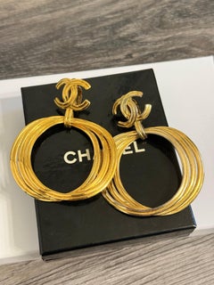 Chanel XL Vintage Gold Hoop CC Statement Clip On Dangle Earrings
