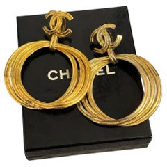 Chanel XL Vintage Gold Hoop CC Statement Clip On Dangle Earrings
