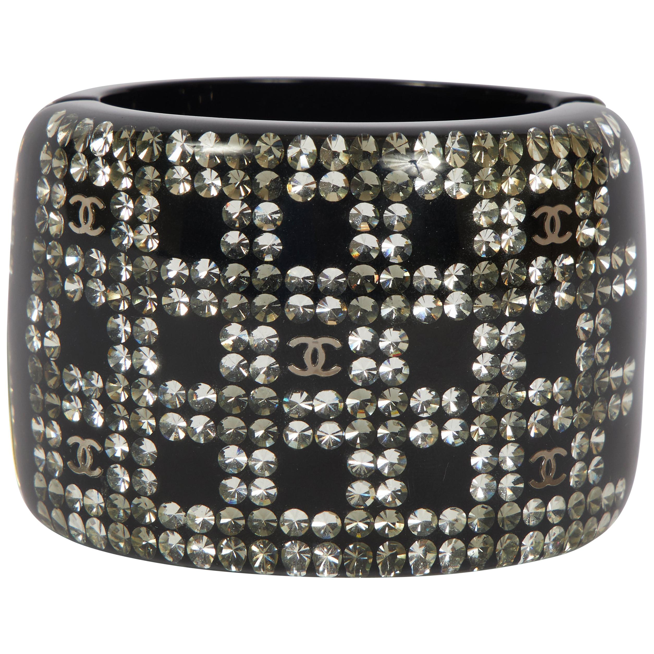 Chanel XL Wide Black Lucite Hinged Cuff Bracelet