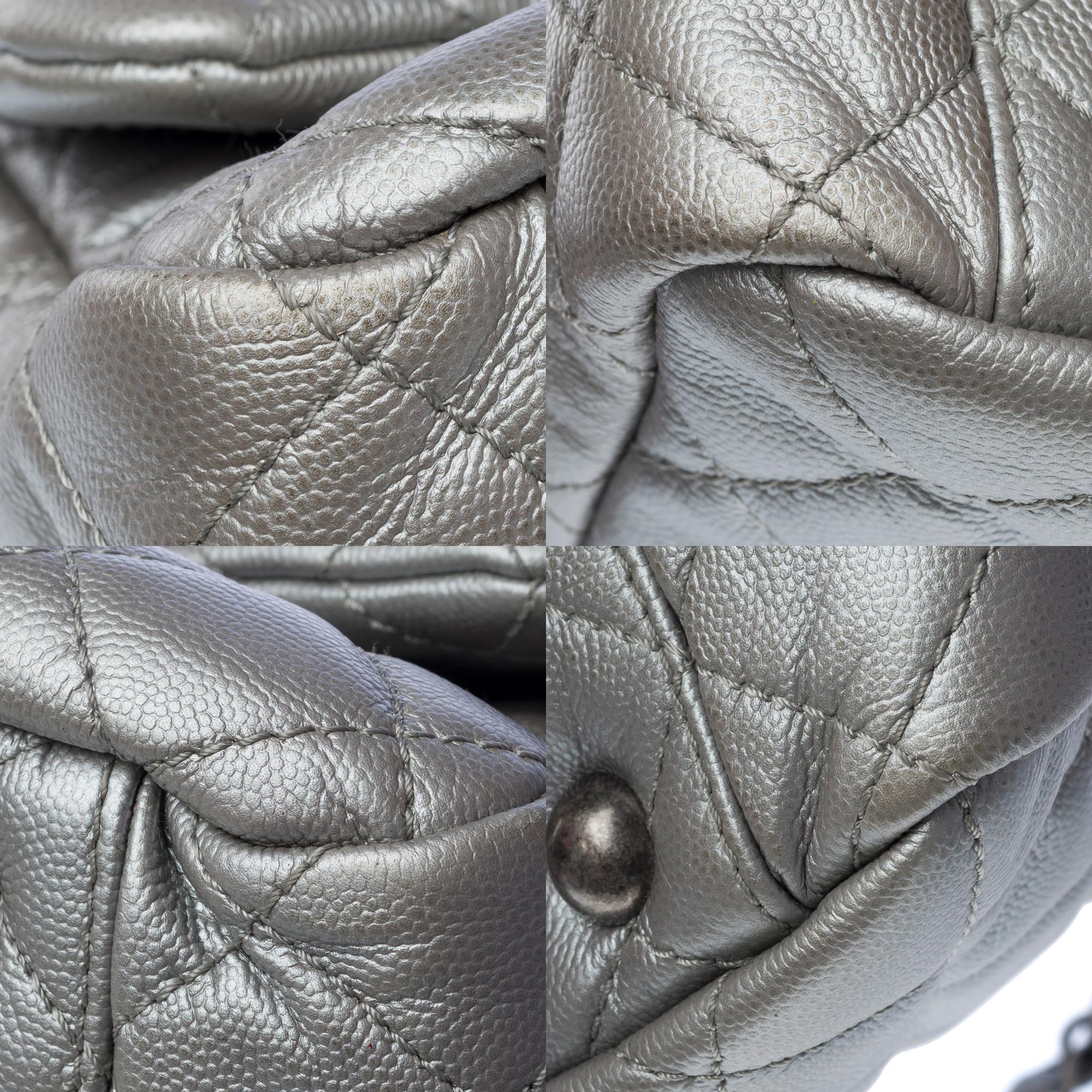 Chanel XXL Airlines shoulder bag in quilted silver caviar leather For Sale 6