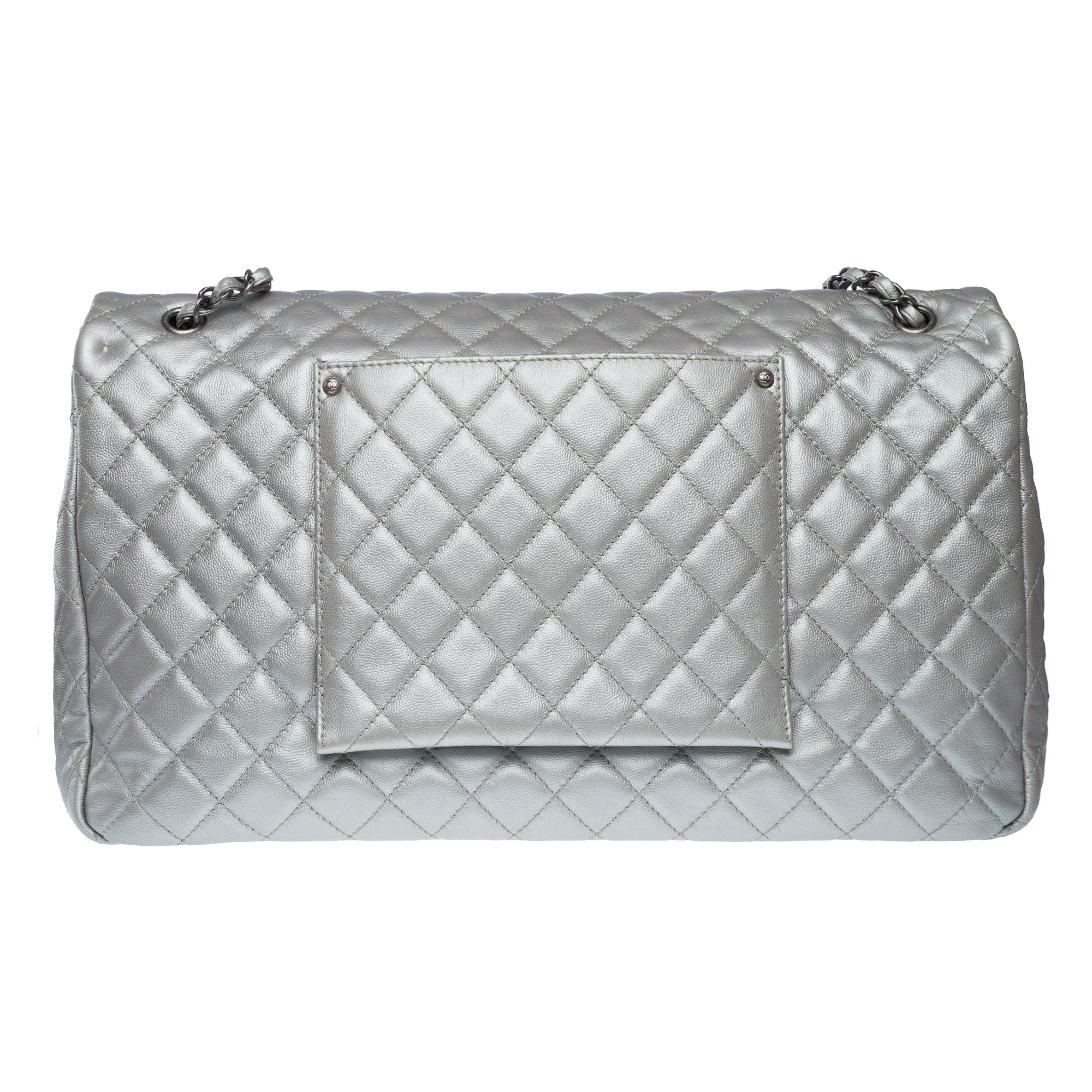 Silver Chanel XXL Airlines shoulder bag in quilted silver caviar leather For Sale