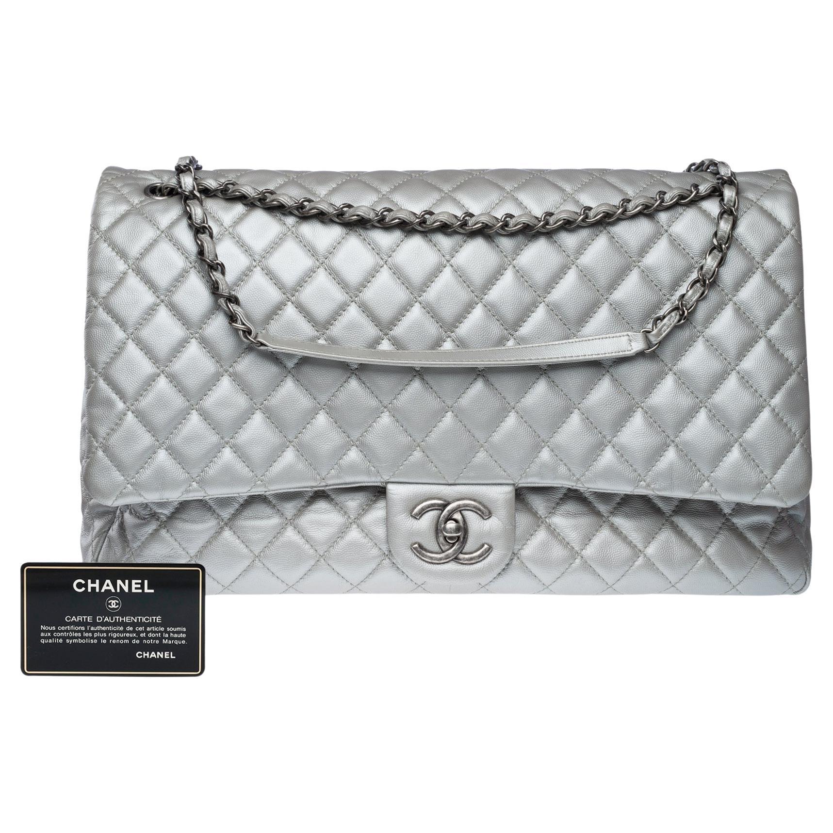 Chanel XXL Airlines shoulder bag in quilted silver caviar leather For Sale
