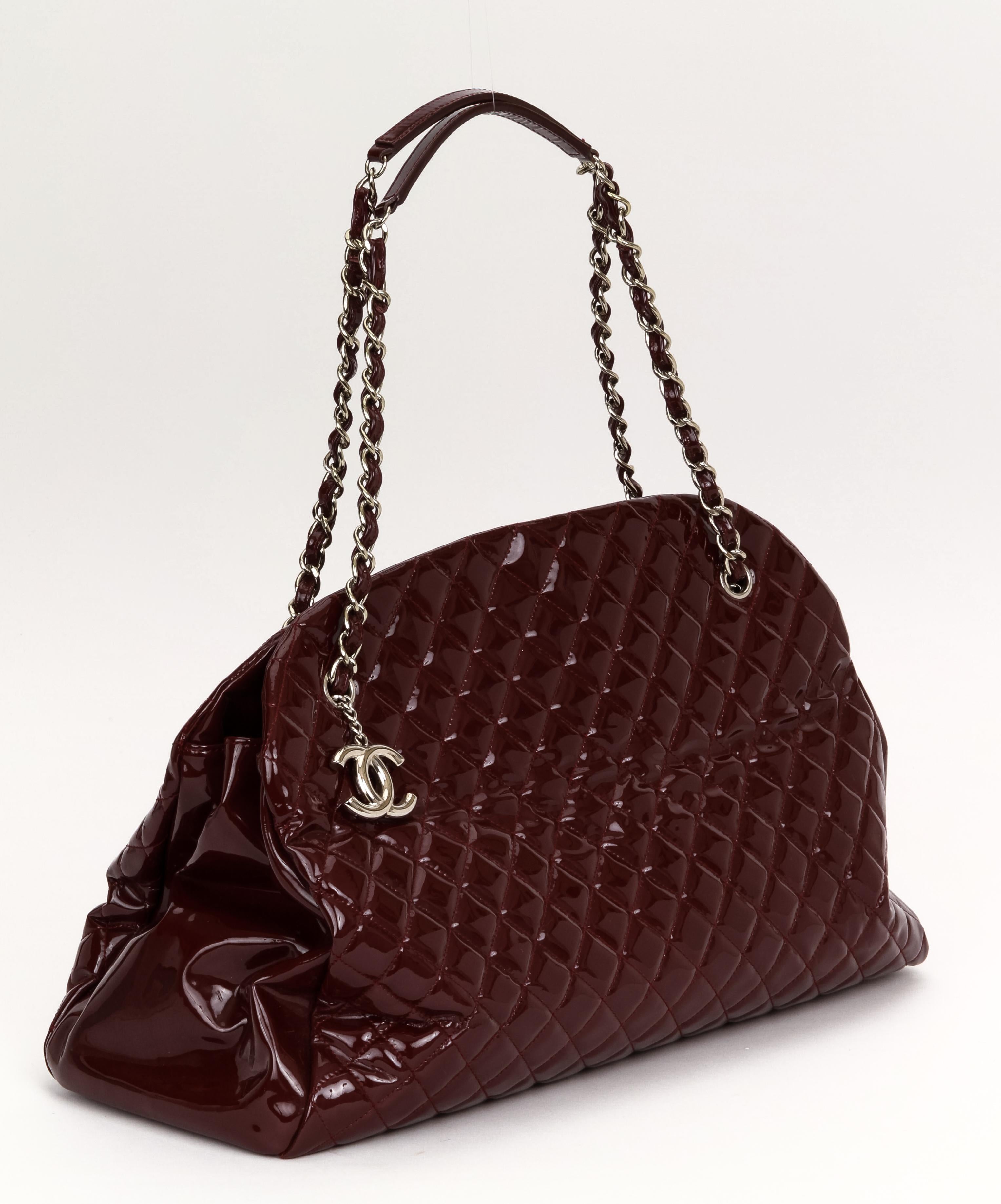 Chanel xxl burgundy patent leather mademoiselle bag with silver tone hardware. Collection 2011. Shoulder drop 8