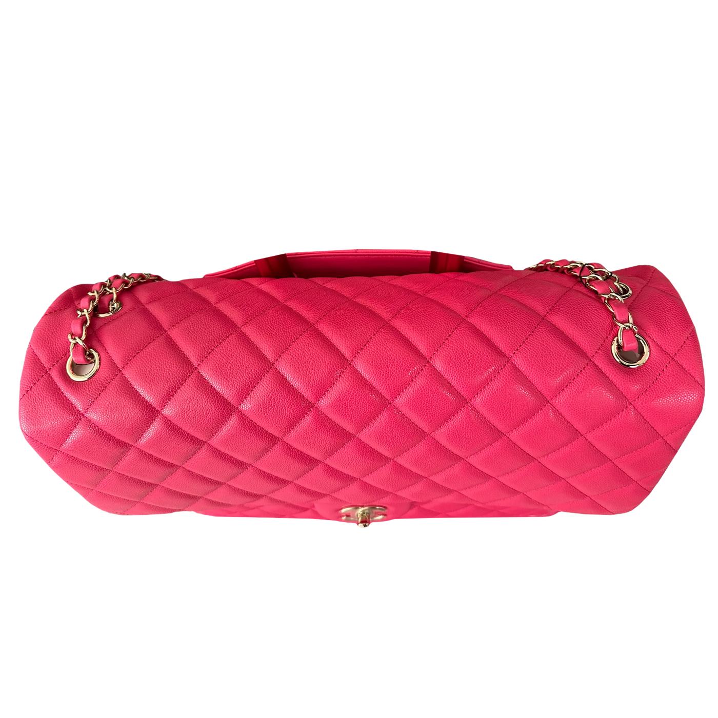 Chanel XXL Flap Bag Fuchsia Shiny Caviar Light Gold Hardware For Sale 3