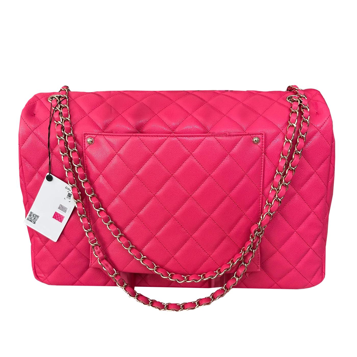 Chanel XXL Flap Bag Fuchsia Shiny Caviar Light Gold Hardware For Sale 4