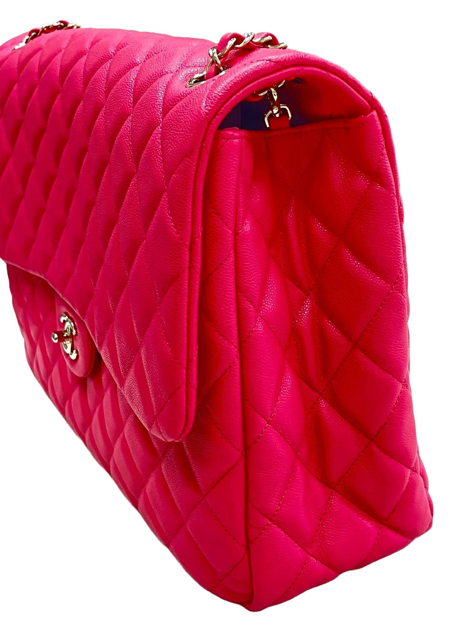 Chanel XXL Flap Bag Fuchsia Shiny Caviar Light Gold Hardware For Sale 9