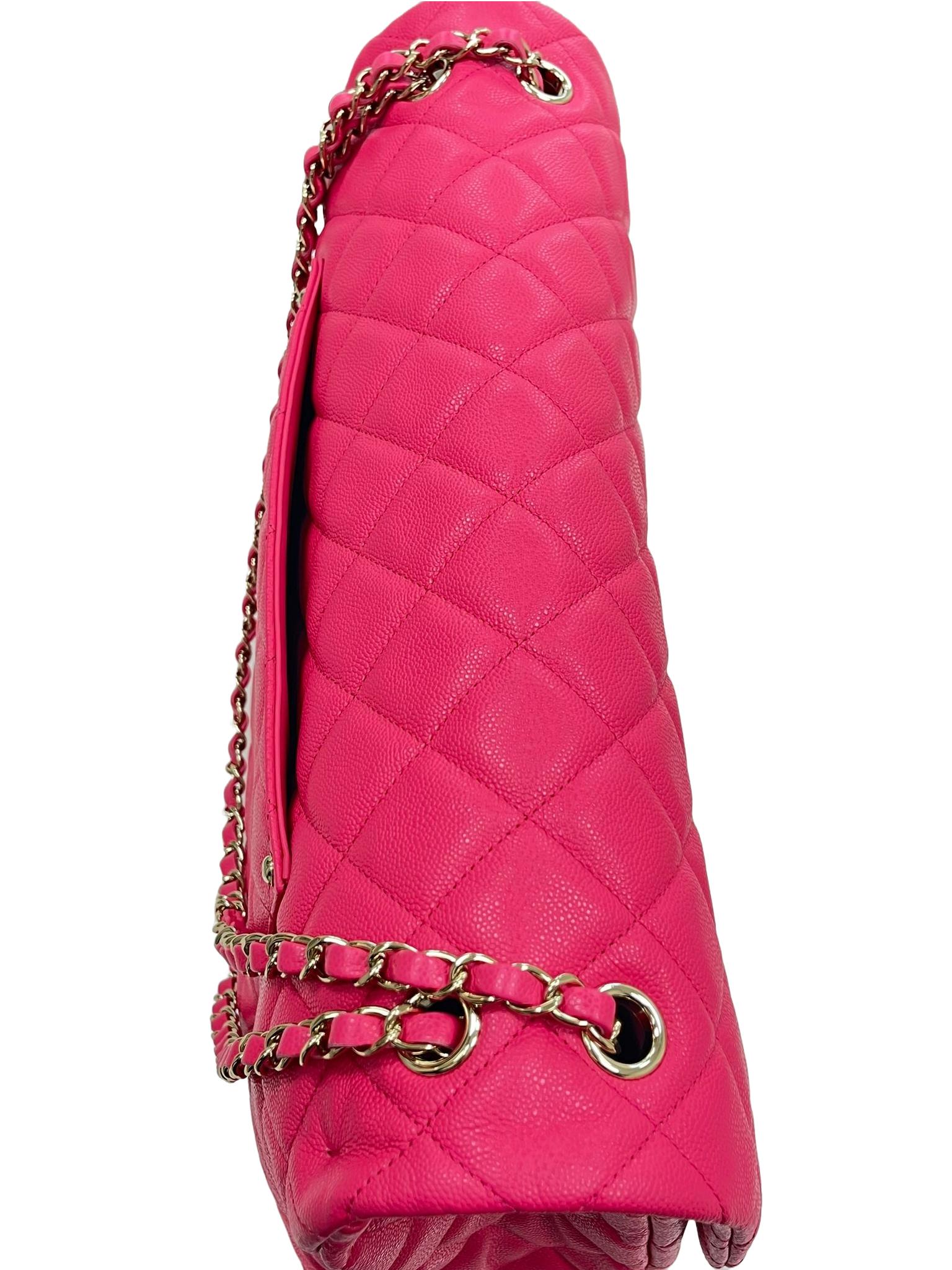 Chanel XXL Flap Bag Fuchsia Shiny Caviar Light Gold Hardware For Sale 12
