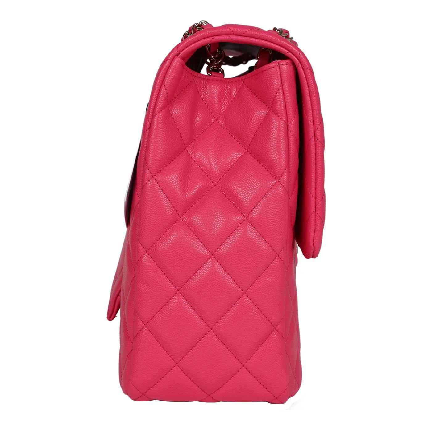 Chanel XXL Flap Bag Fuchsia Shiny Caviar Light Gold Hardware In New Condition For Sale In Aventura, FL