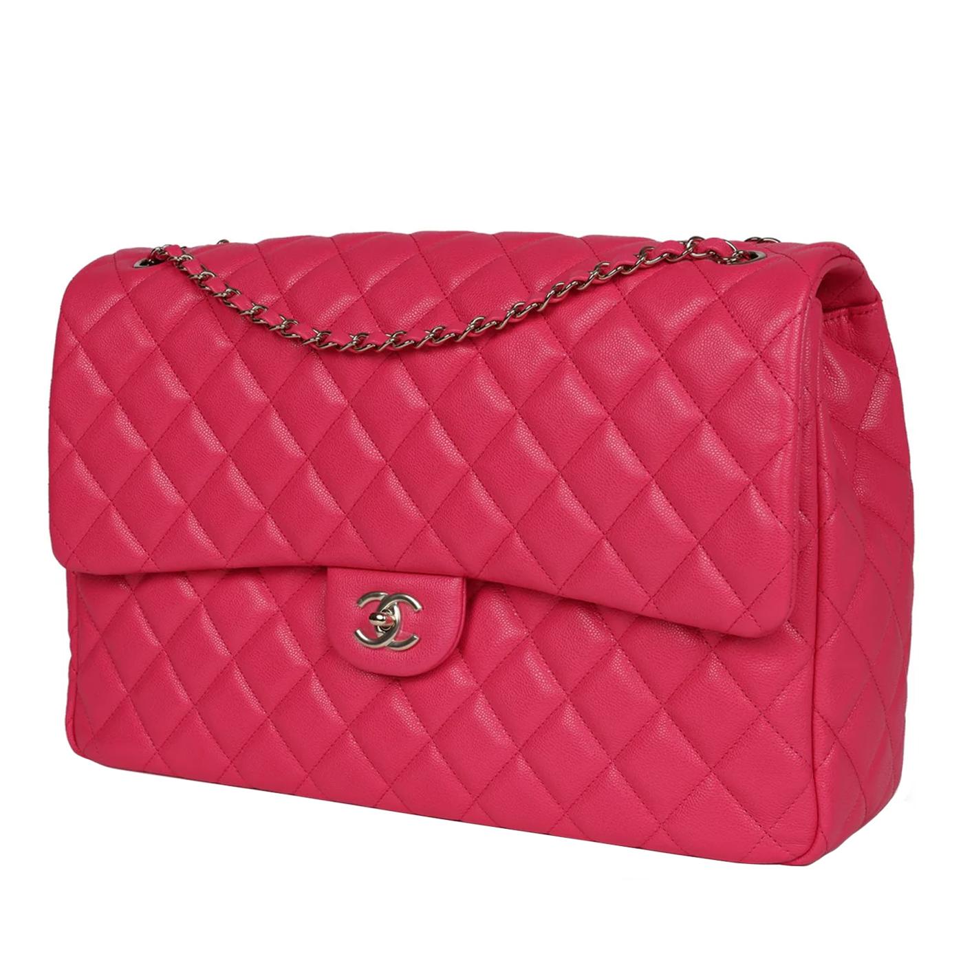 Chanel XXL Flap Bag Fuchsia Shiny Caviar Light Gold Hardware For Sale 1